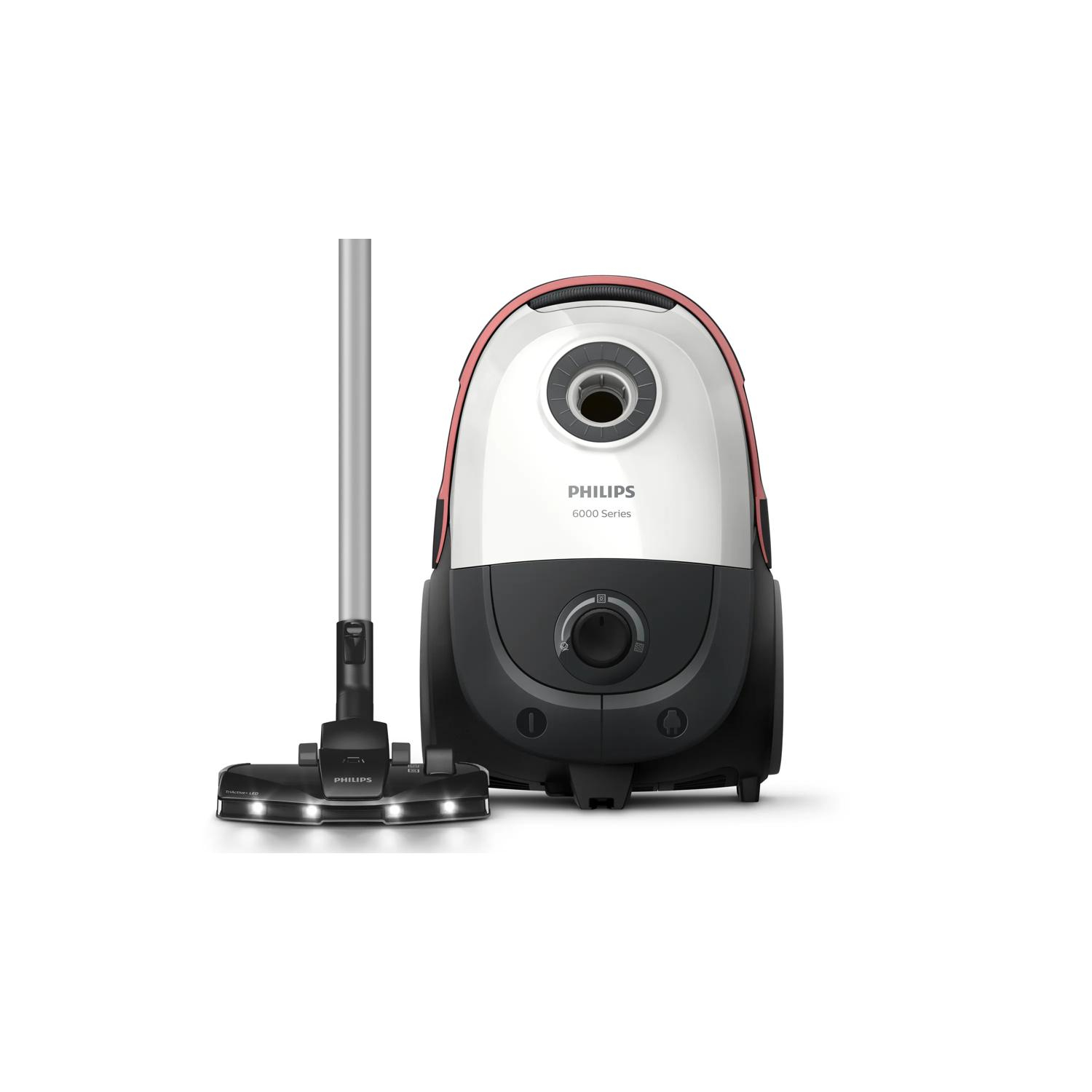 Biały odkurzacz Philips z czerwonym akcentem i czarną dyszą z diodami LED.