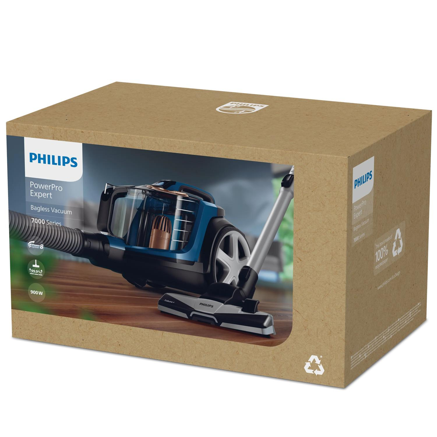 Verpackung eines blauen Philips PowerPro Expert Bagless Staubsaugers der 7000er Serie.