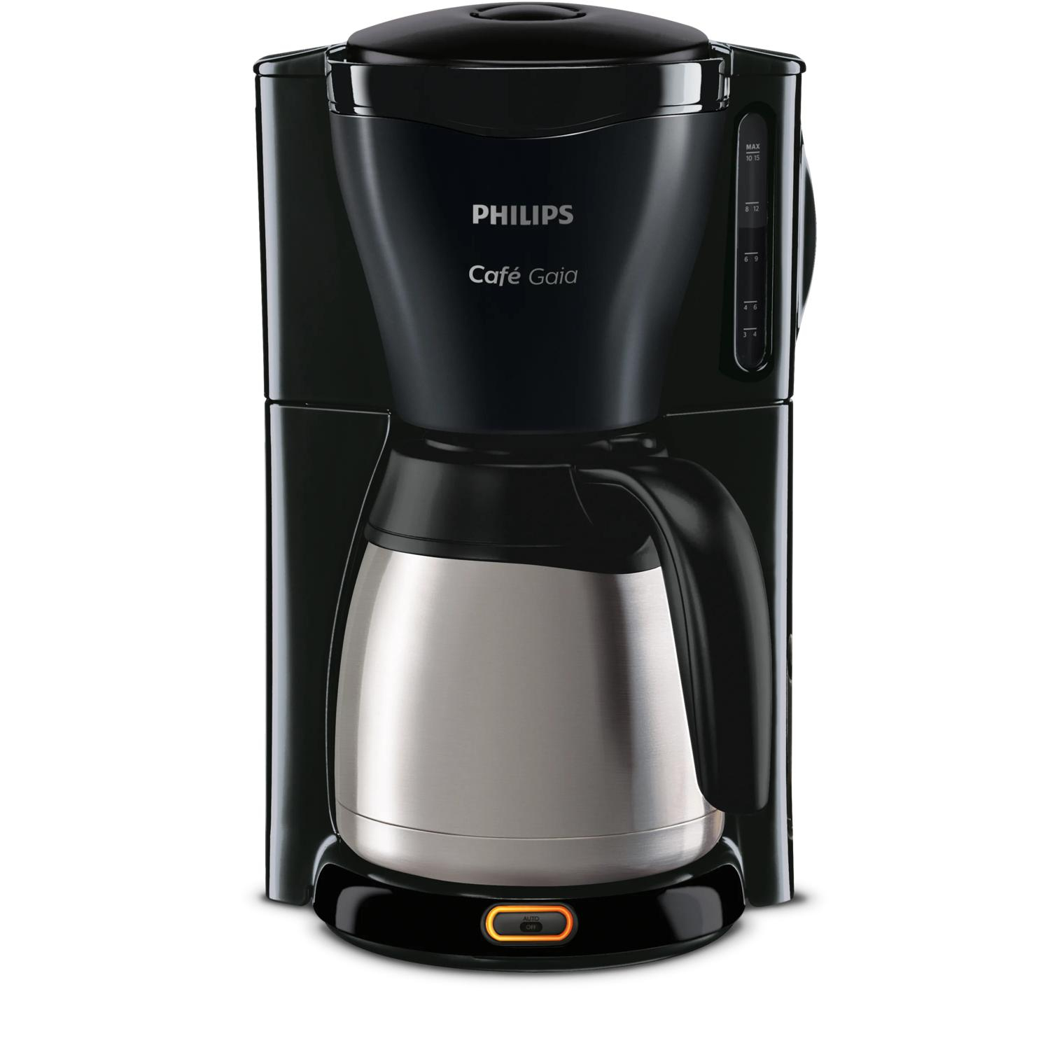Una cafetera Philips Cafe Gaia negra con jarra térmica plateada y botón de encendido/apagado naranja.