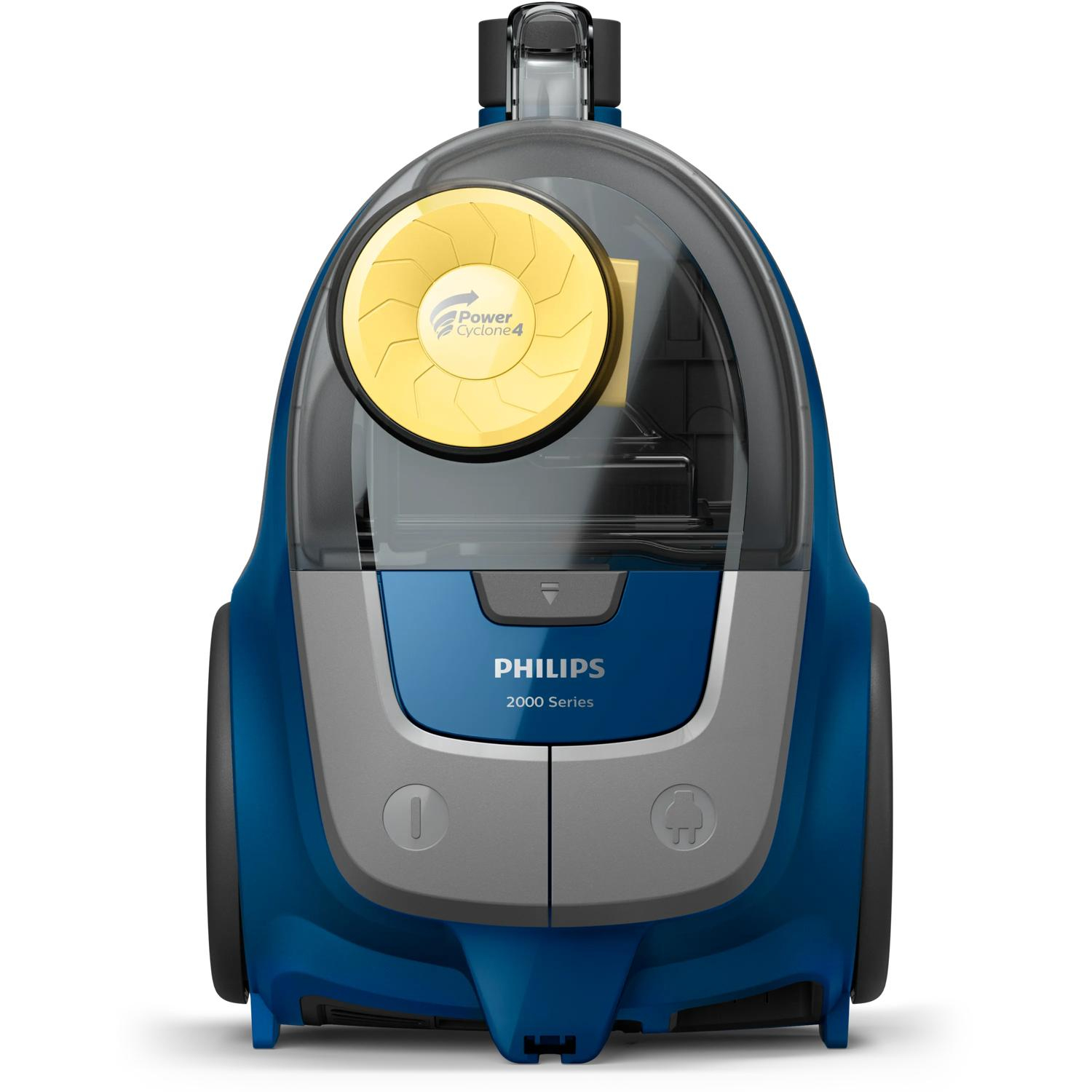 Een blauwe en grijze Philips stofzuiger met een geel Power Cyclone 4 filter.