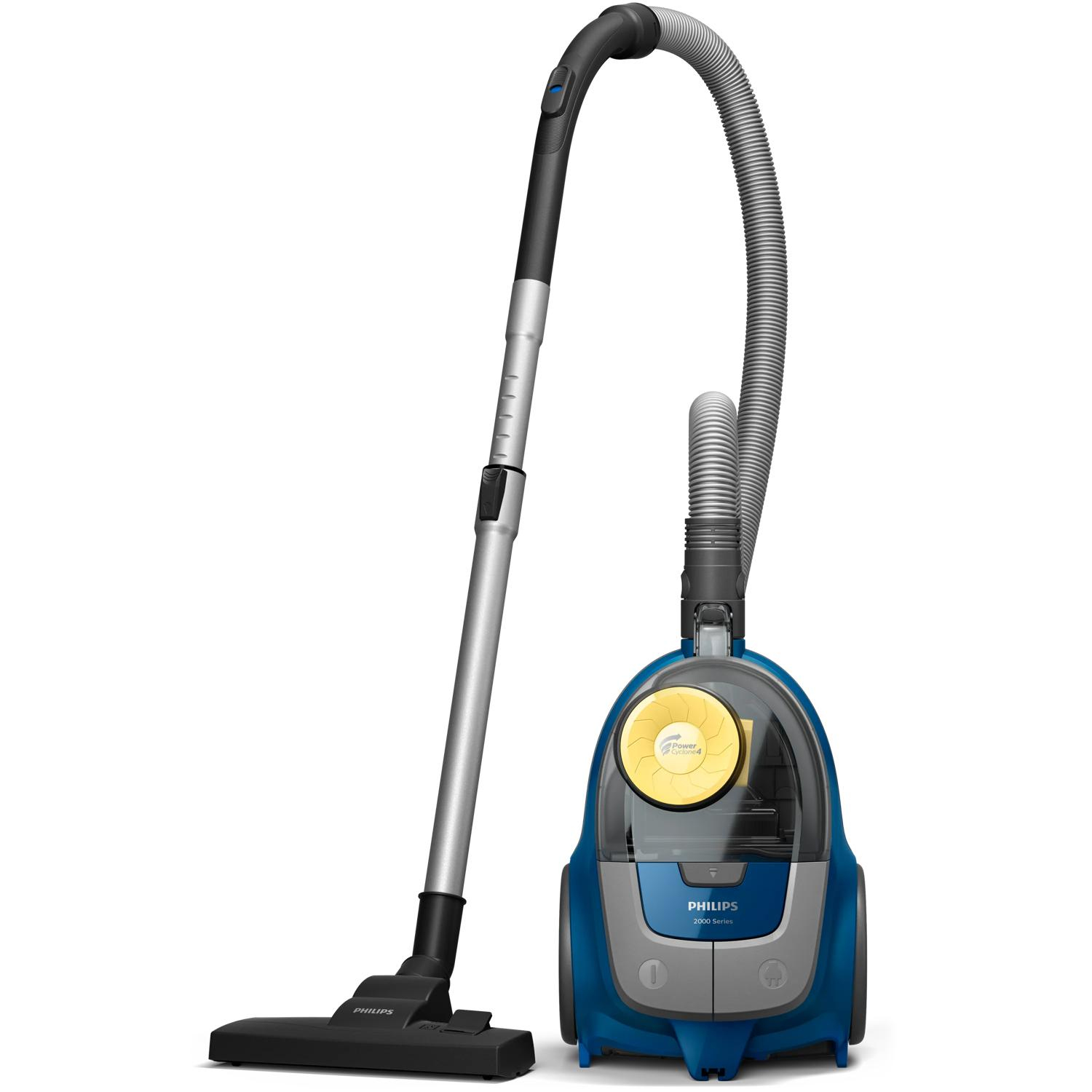 Een blauwe Philips stofzuiger met zilveren steel en zwarte borstelkop.