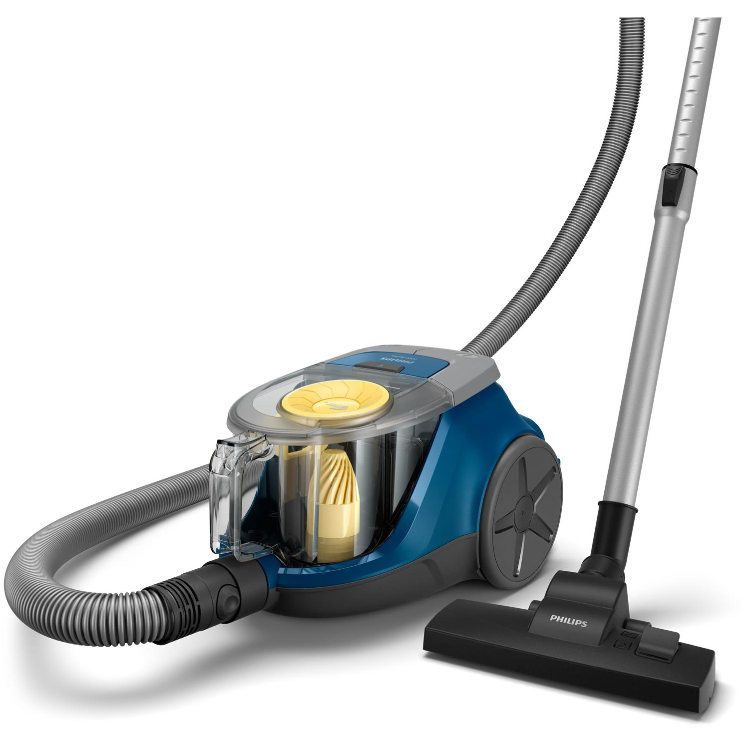 Een blauw-grijze Philips stofzuiger met transparante stofbak en slang.