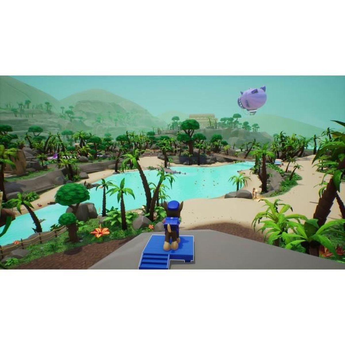 Un cane si trova su una piattaforma blu in un paesaggio tropicale con palme.