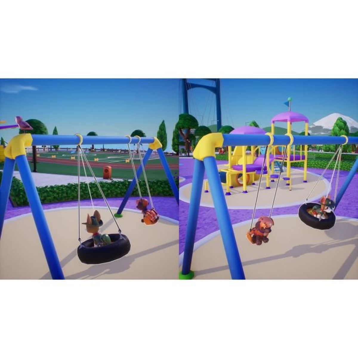 Due parchi giochi con altalene, con personaggi di cani. Blu e giallo.