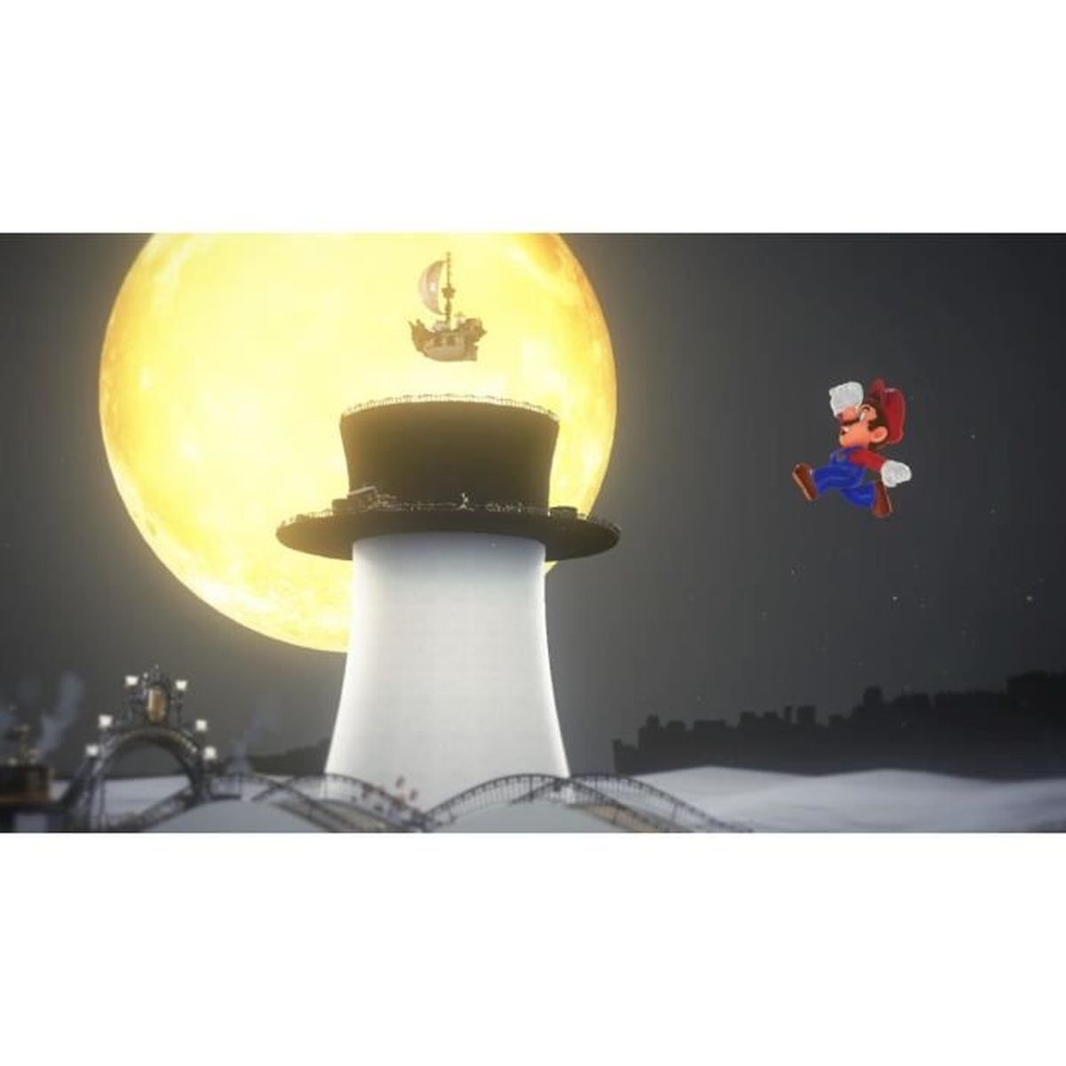 Mario salta davanti a una luna gigante e un faro a forma di cappello.