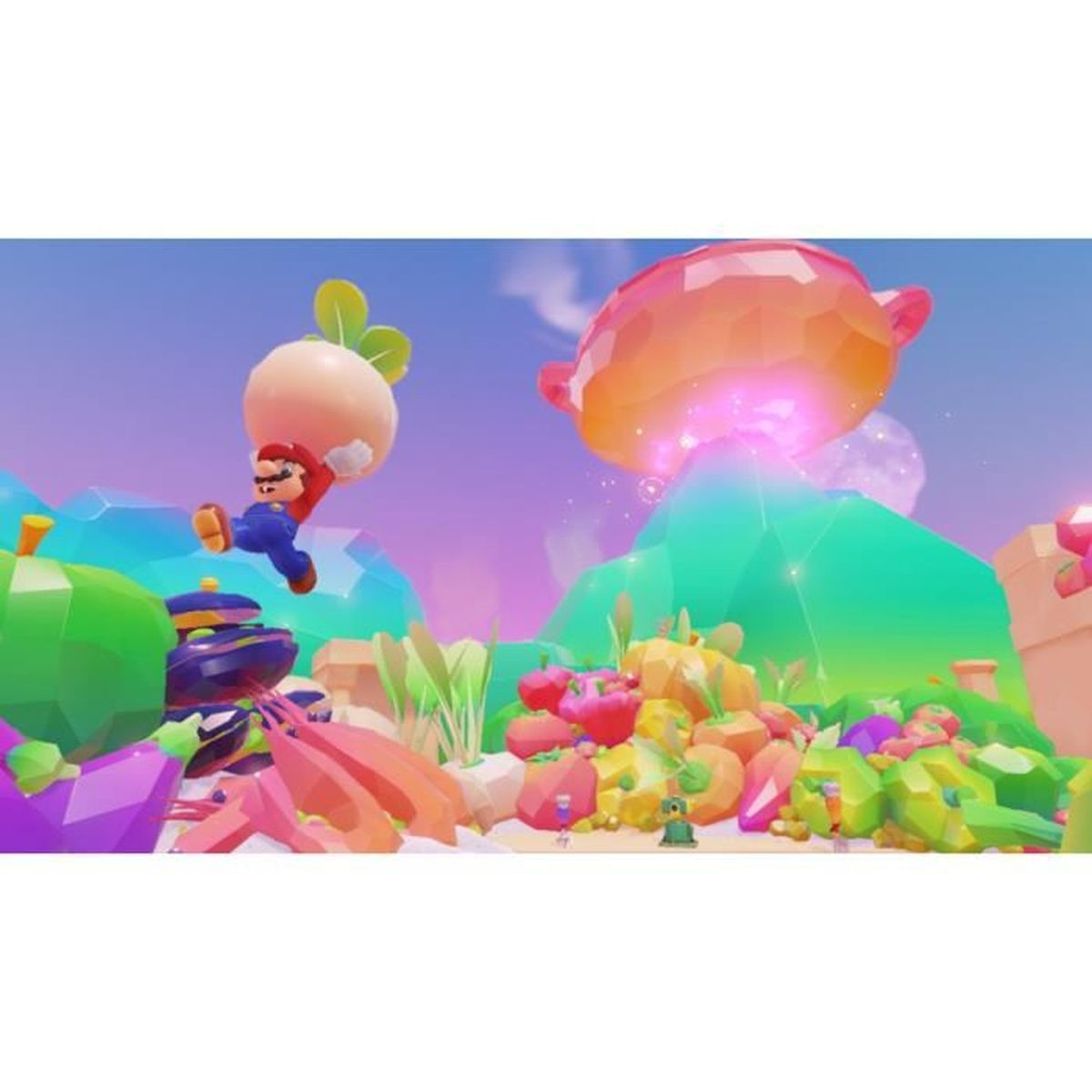 Mario con un ravanello corre davanti a un oggetto colorato nello spazio.