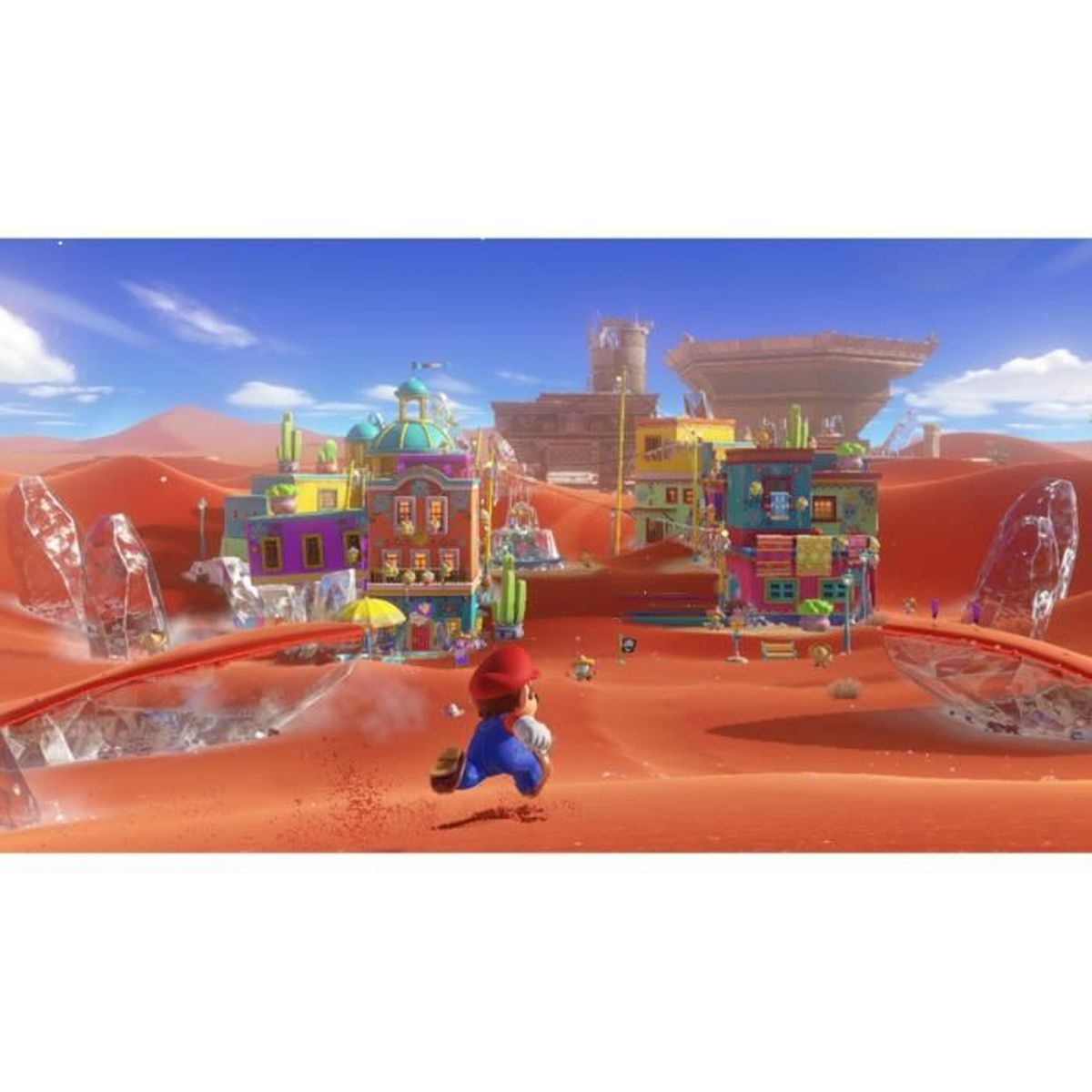 Mario corre in una città desertica con edifici colorati e cielo blu.