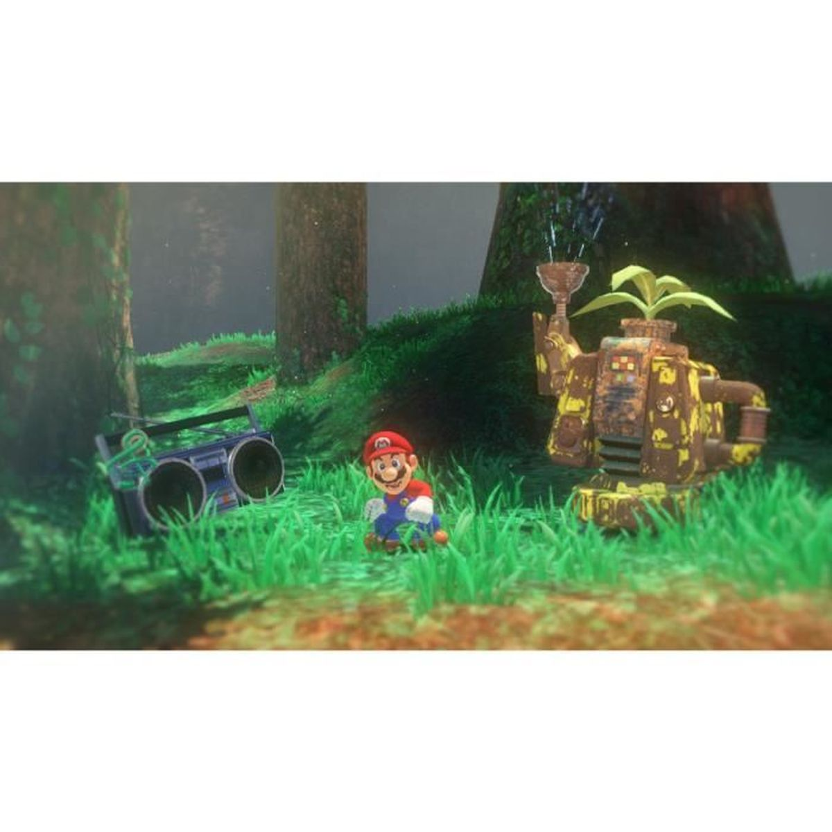 Mario siede nell'erba accanto a uno stereo e a un robot arrugginito con una pianta.