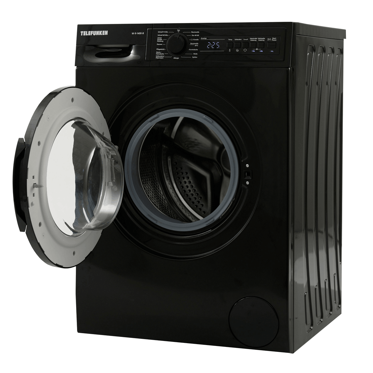 Schwarze Waschmaschine von Telefunken mit geöffneter Tür und Trommel.