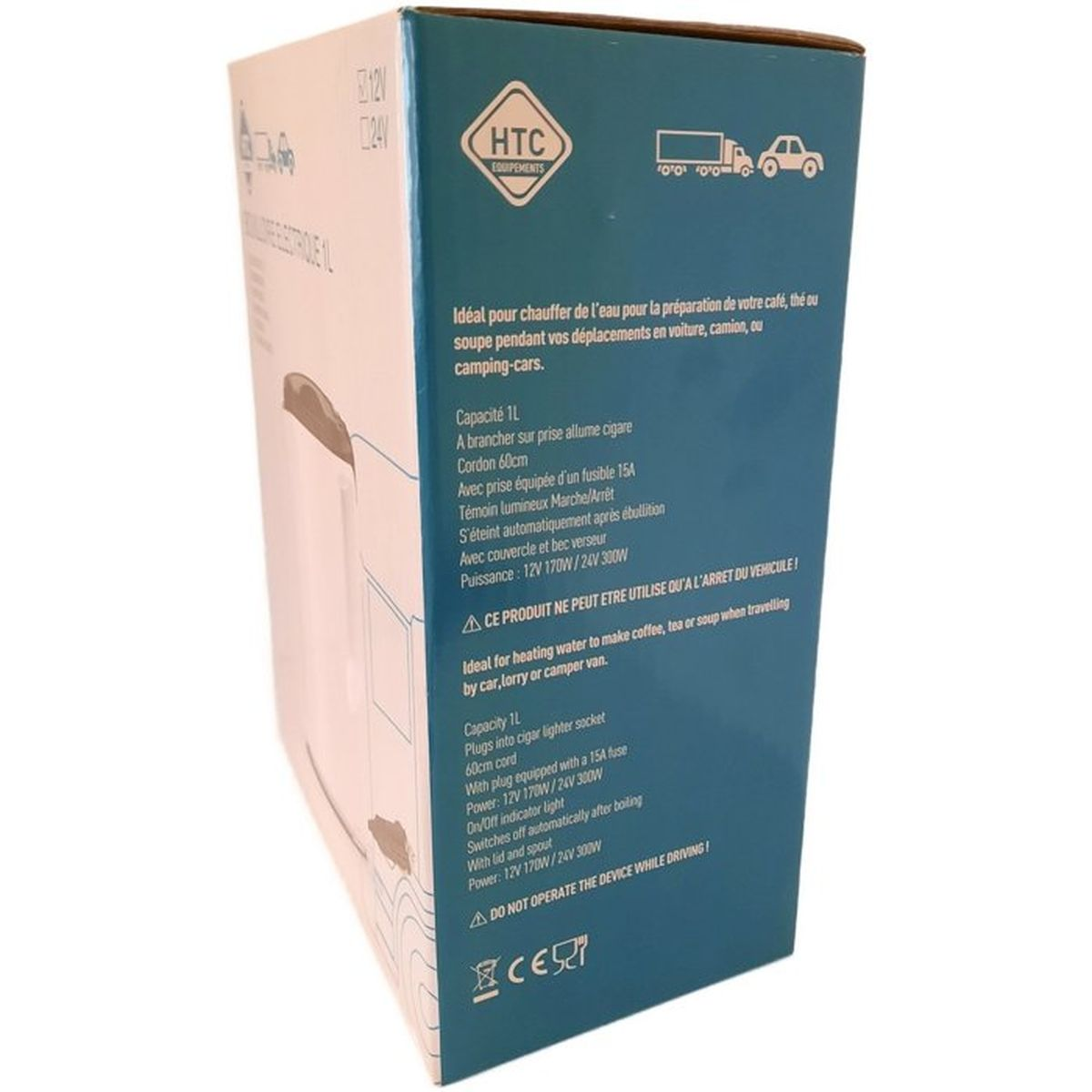 Box mit HTC-Logo, ideal zum Erhitzen von Wasser, 1L Kapazität, 12V/24V.