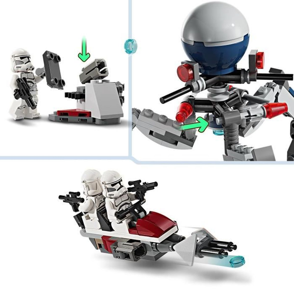 Trzy sceny: Szturmowiec Lego z działkiem, droid Lego z kulą, motor Lego z dwoma szturmowcami.