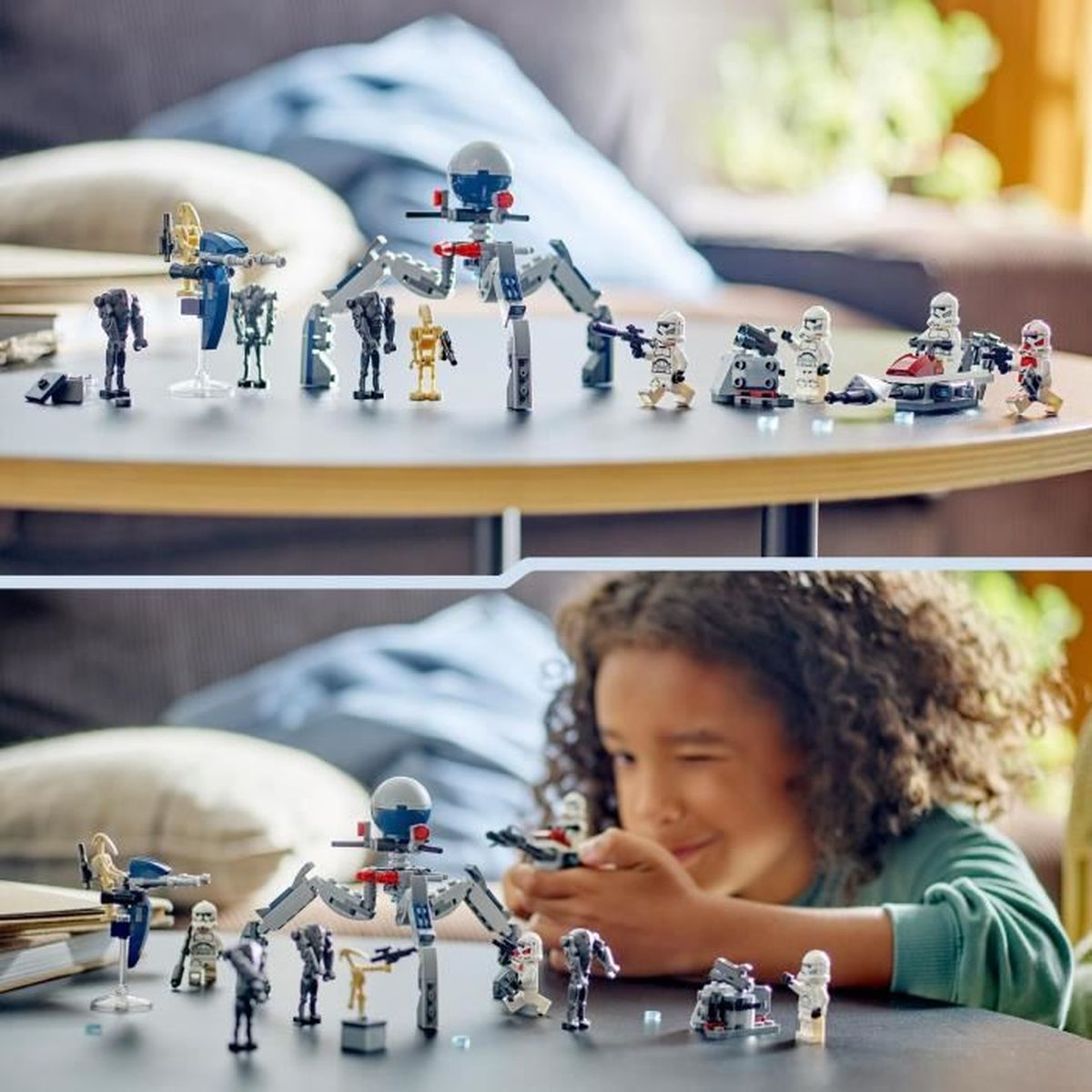 Figurki Lego Star Wars i droid pająk na stole. Chłopiec się nimi bawi.