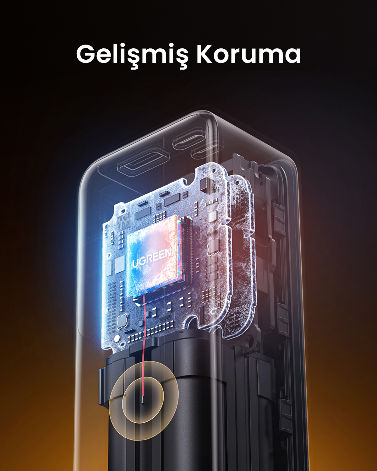 Widok z przekroju komponentu elektronicznego z napisem UGREEN i czerwonym przewodem.