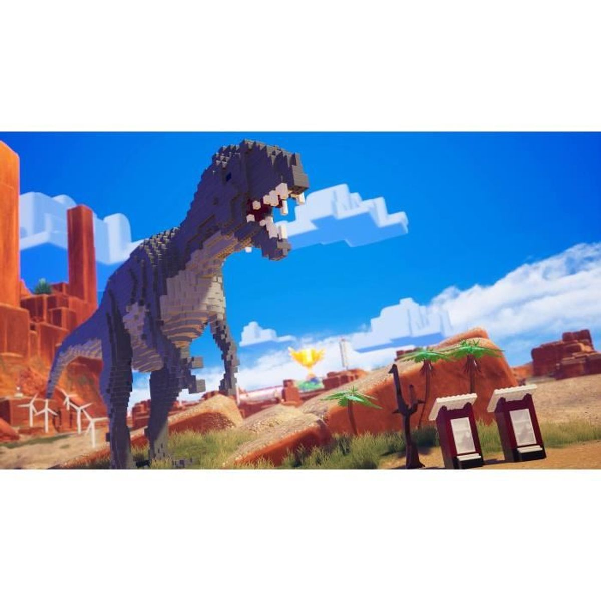 Un dinosauro pixel grigio si erge in un paesaggio desertico con cactus e mulini a vento.