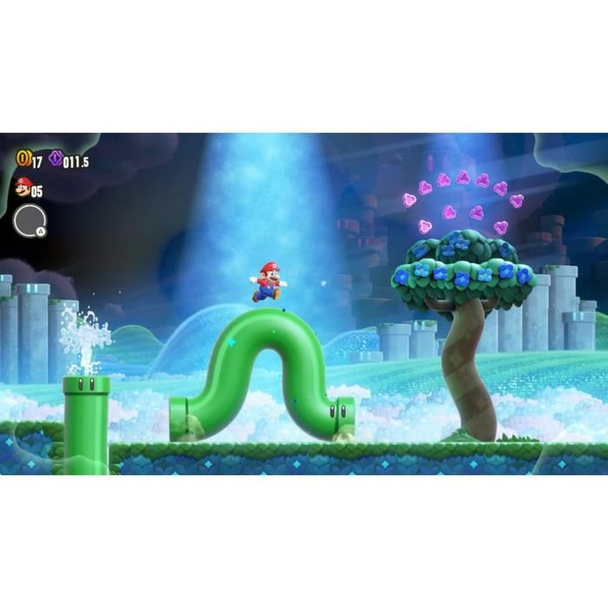 Mario skacze na zielonej rurze w jasnoniebieskim świecie fantasy z drzewami i zamkami.