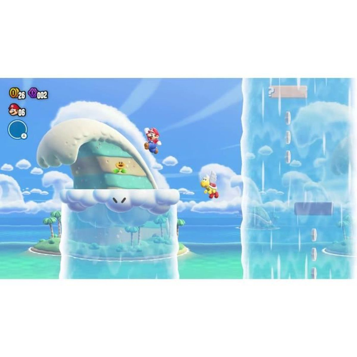 Mario skacze na fali, przelatuje żółty Koopa. Błękitne niebo i wyspy w tle.