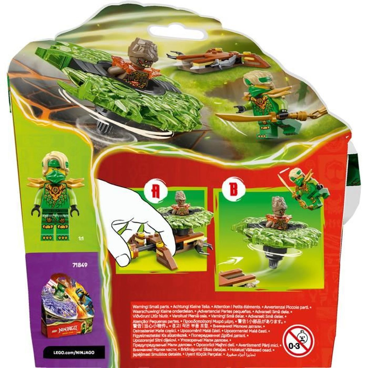 Confezione LEGO Ninjago con figure e veicoli verdi e arancioni.