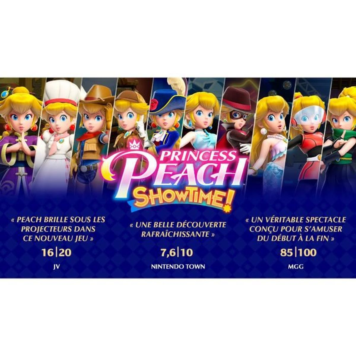 Księżniczka Peach w różnych strojach przed tytułem "Princess Peach Showtime!"