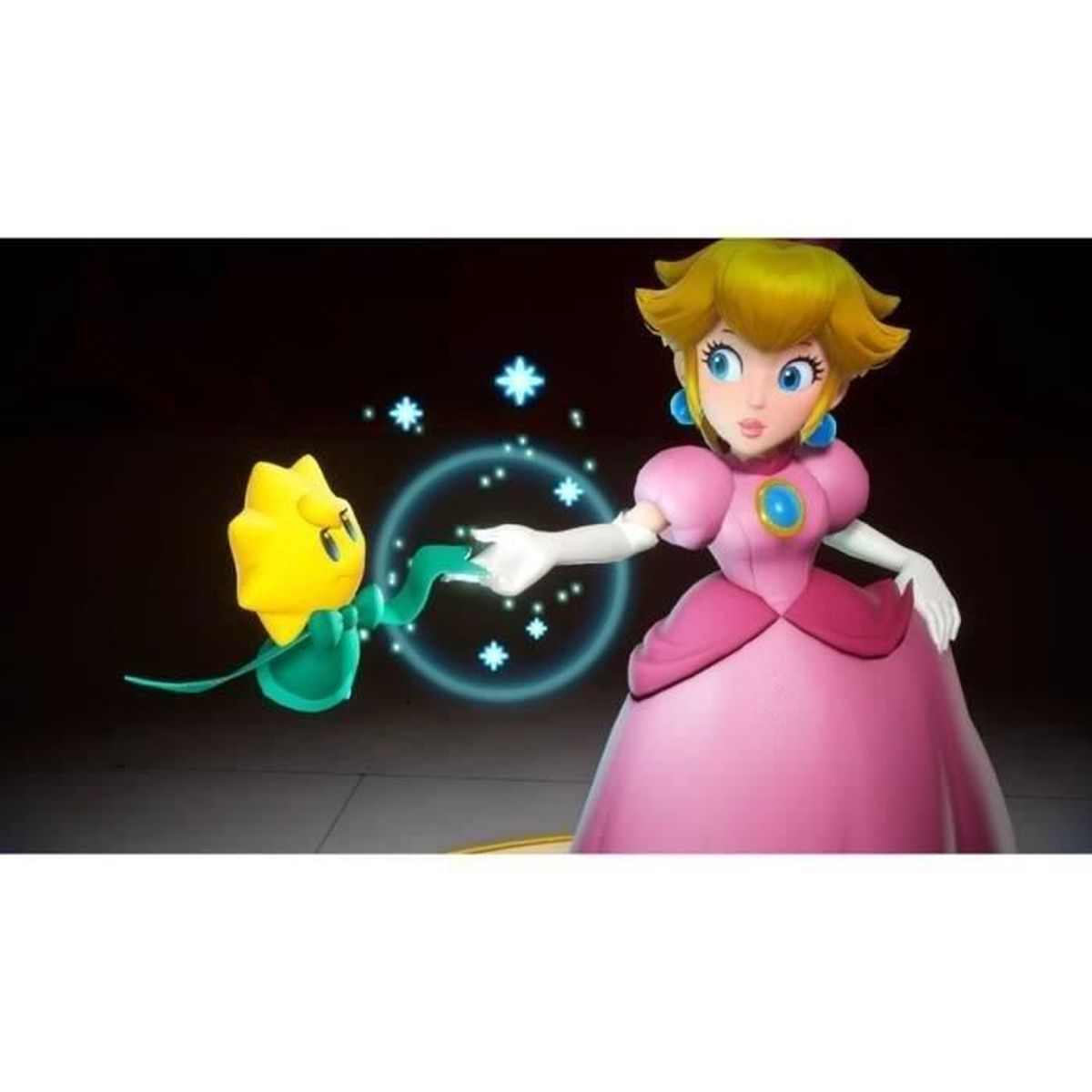 Księżniczka Peach i żółty kwiat z magicznymi cząsteczkami.