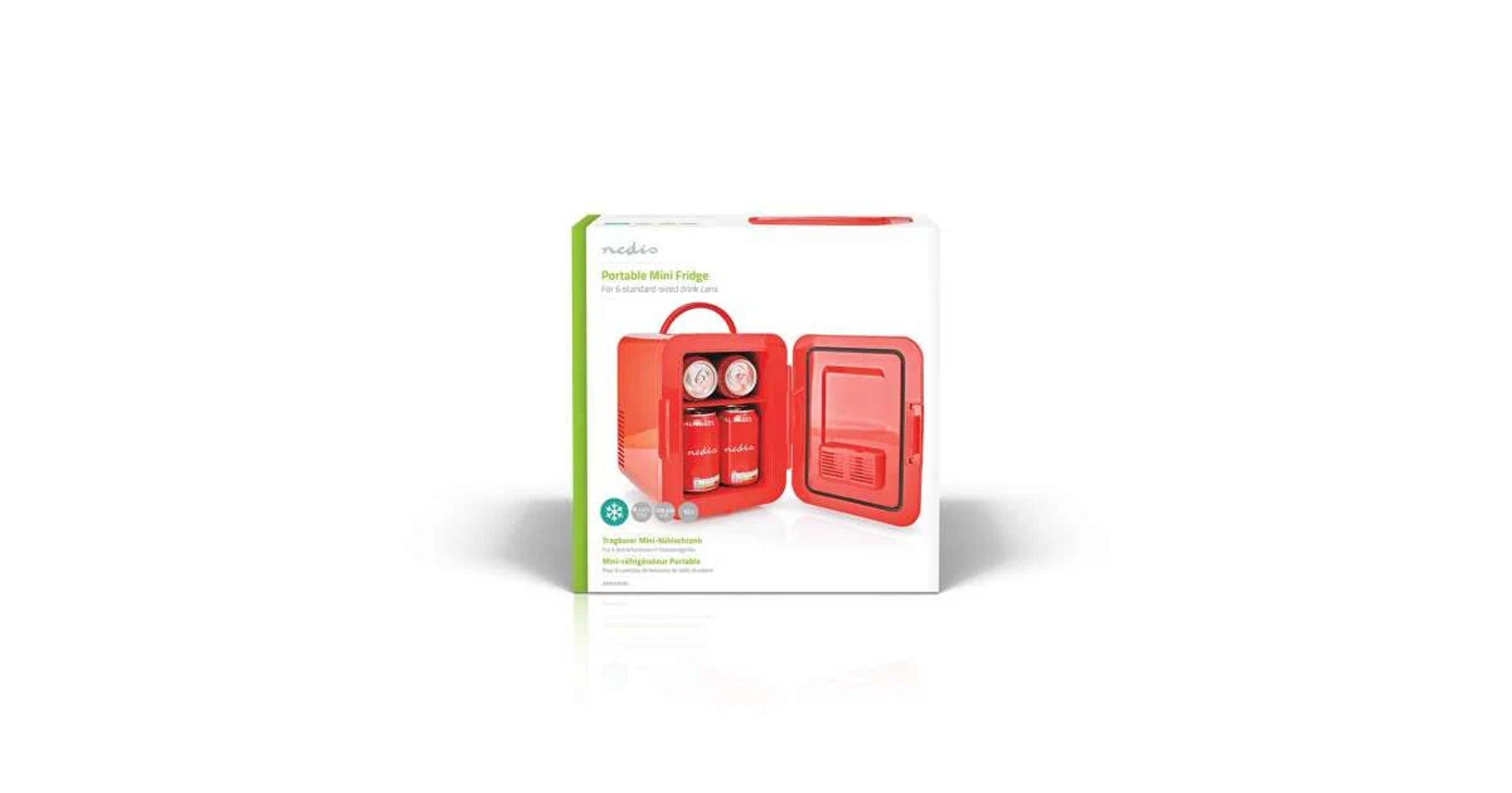 Mini frigorifero portatile rosso con porta aperta contenente quattro lattine.