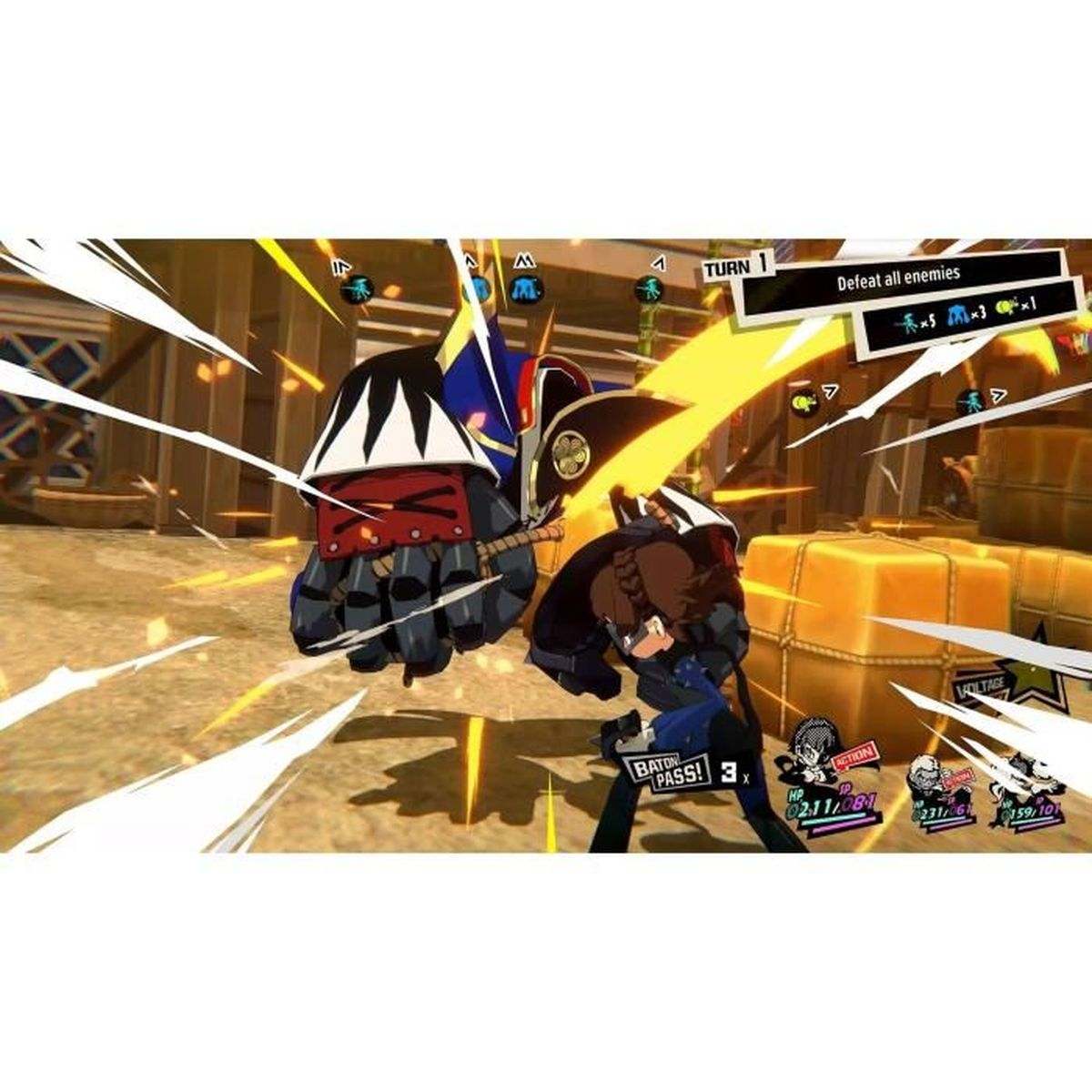 Personaggi anime combattono in un ambiente cartone animato con casse gialle.