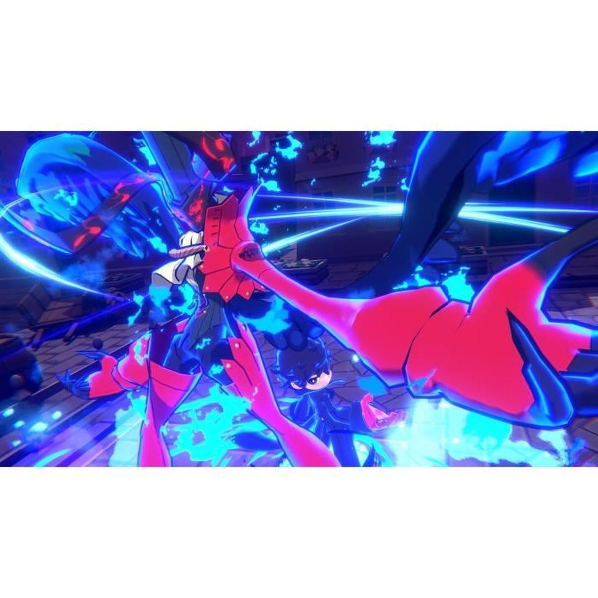 Un personaggio anime in armatura rossa e blu combatte con fiamme blu.