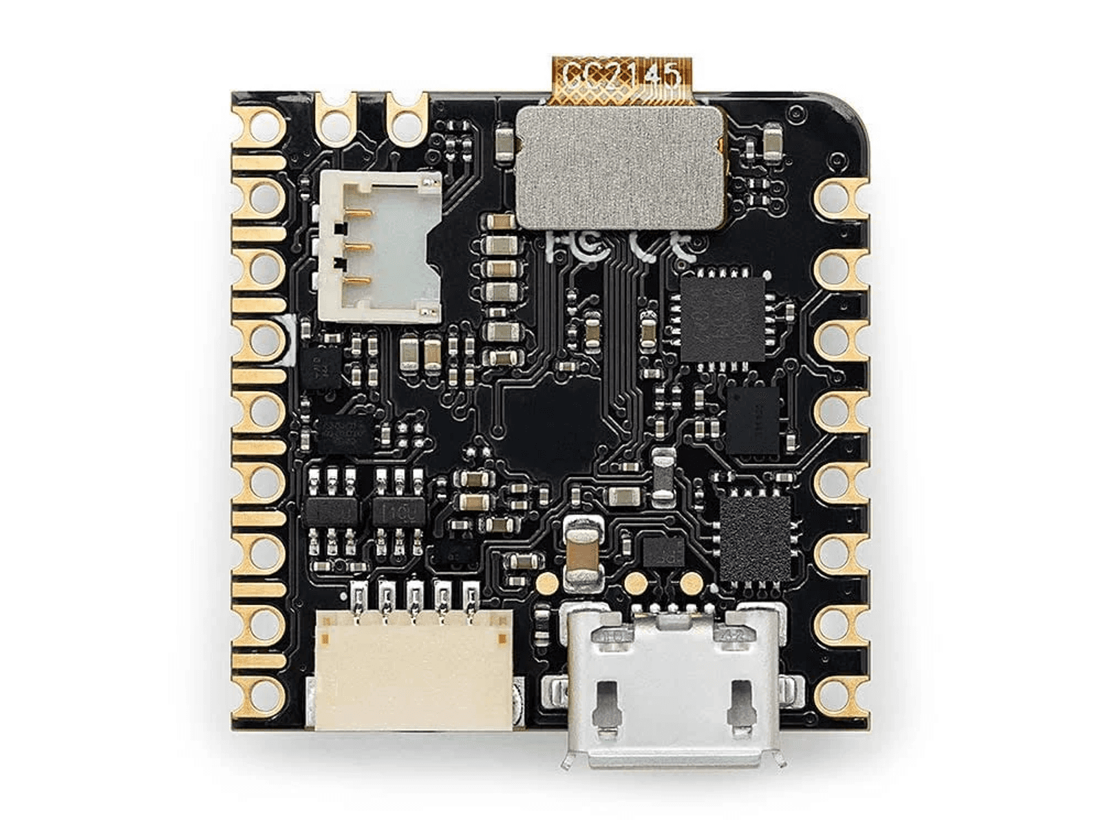Placa de circuito negra con pines dorados, micro USB y varios componentes electrónicos.