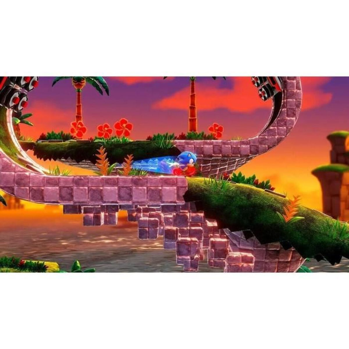 Sonic sfreccia su un tracciato a spirale contro un cielo al tramonto con palme.