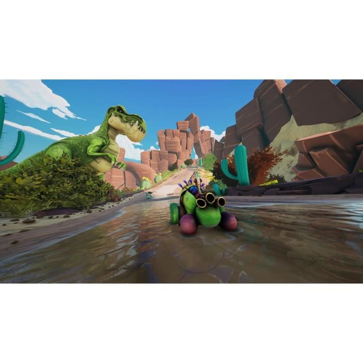 Ein grünes Dino-Auto fährt durch eine Wüstenlandschaft mit Kakteen und Felsen.