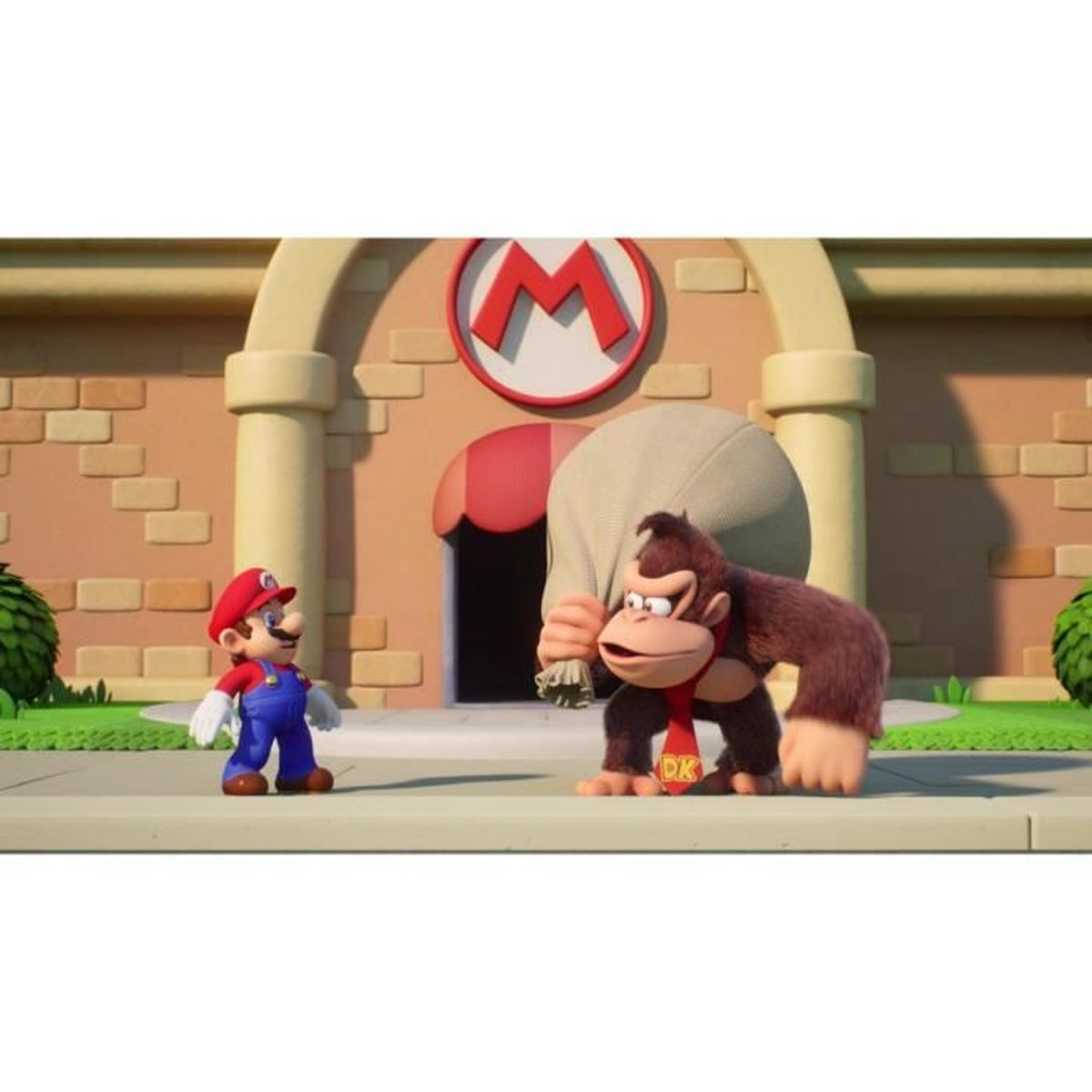 Mario stoi przed budynkiem z logo "M". Donkey Kong niesie worek.