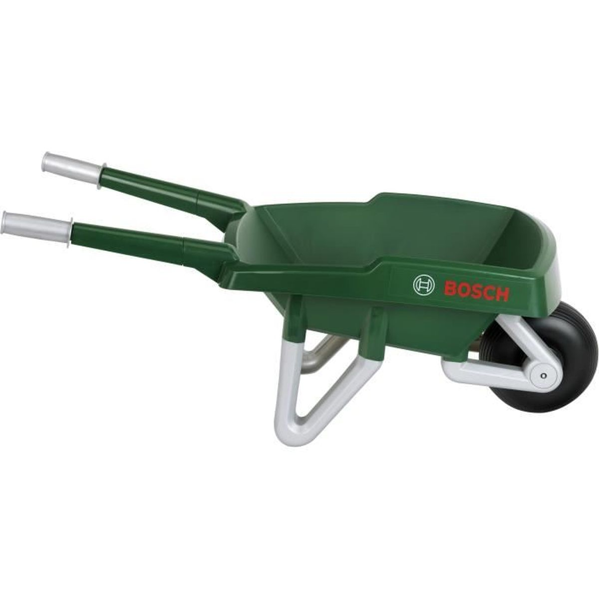Carriola verde Bosch con manici argentati e ruota nera.