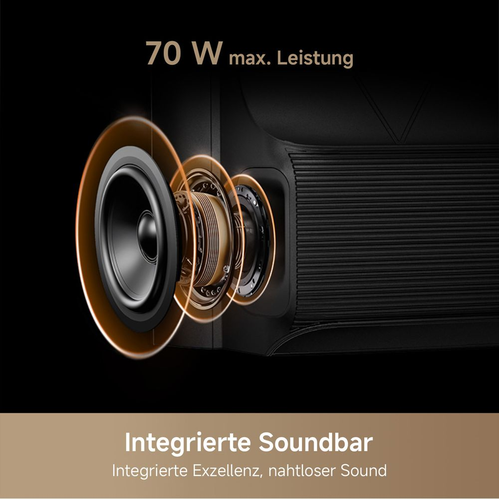 Primer plano de un altavoz con animación de ondas y texto 70 W máx. potencia.