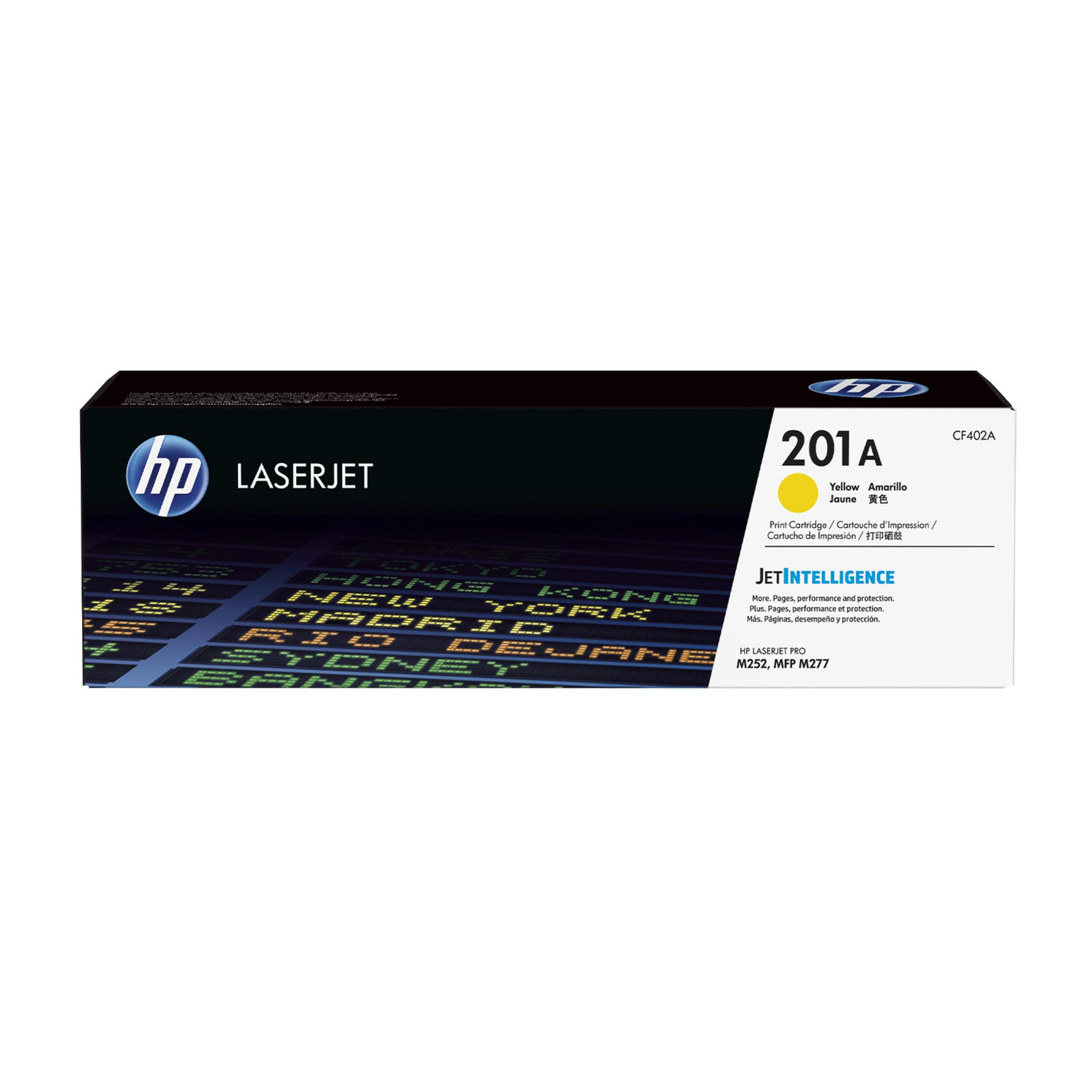 Żółty toner HP 201A do LaserJet Pro z technologią JetIntelligence.