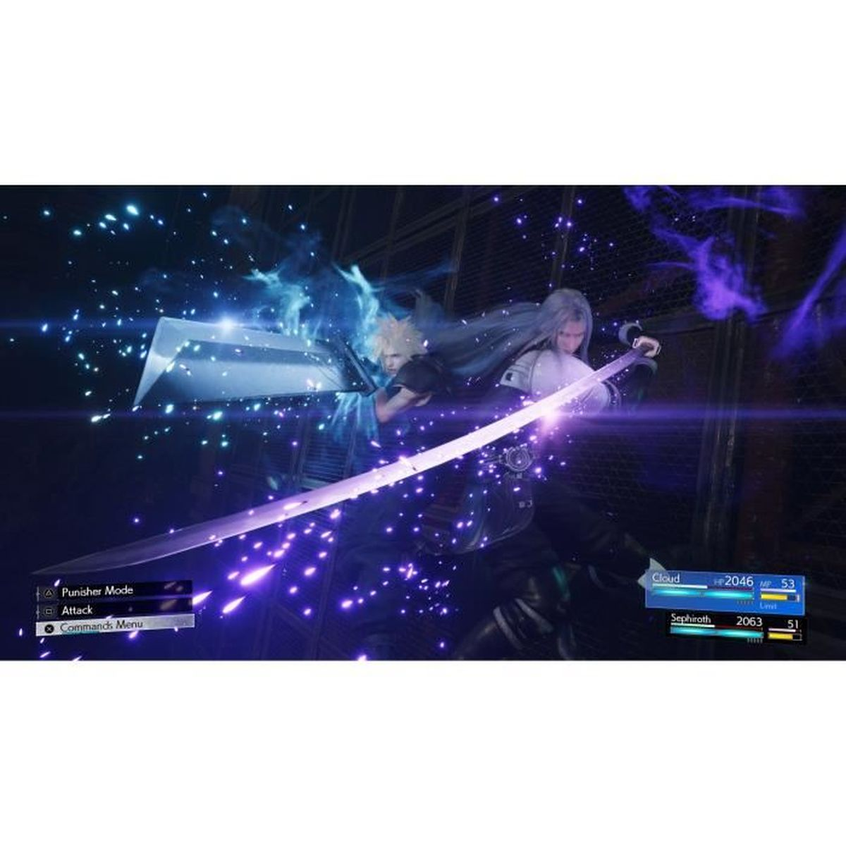 Cloud e Sephiroth si scontrano con spade luminose tra effetti di energia viola e blu.