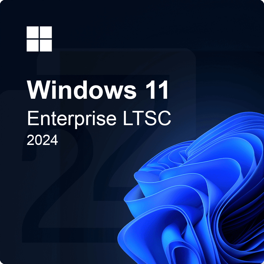 Logo Windows 11 Enterprise LTSC 2024 con un'onda blu astratta.
