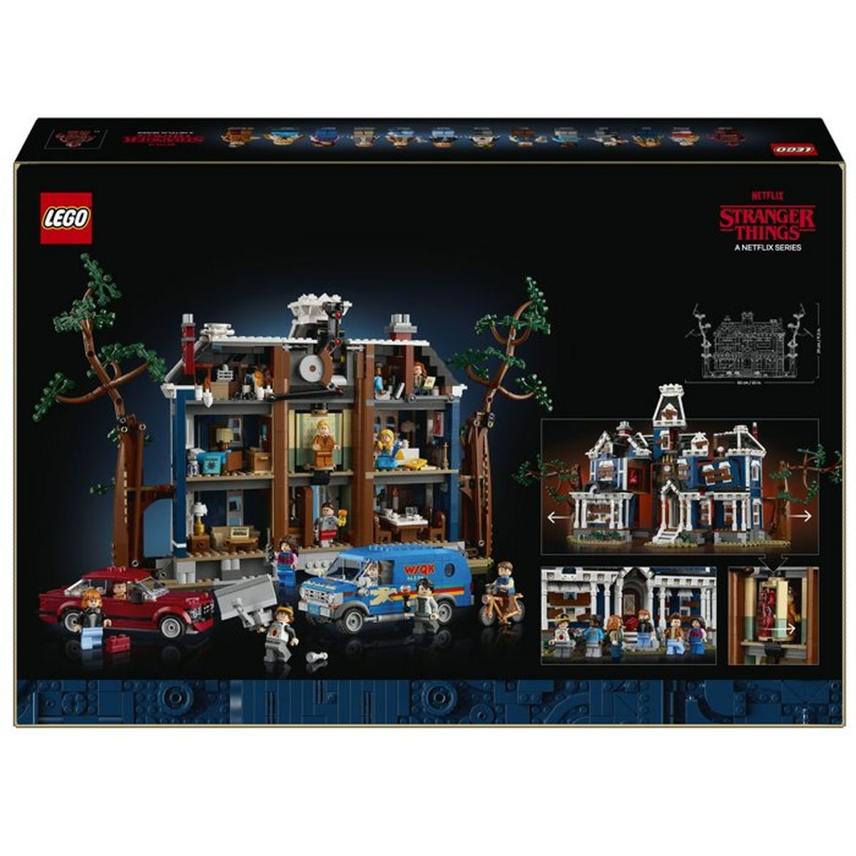 Arabalar ve figürler içeren Lego Stranger Things ev seti.