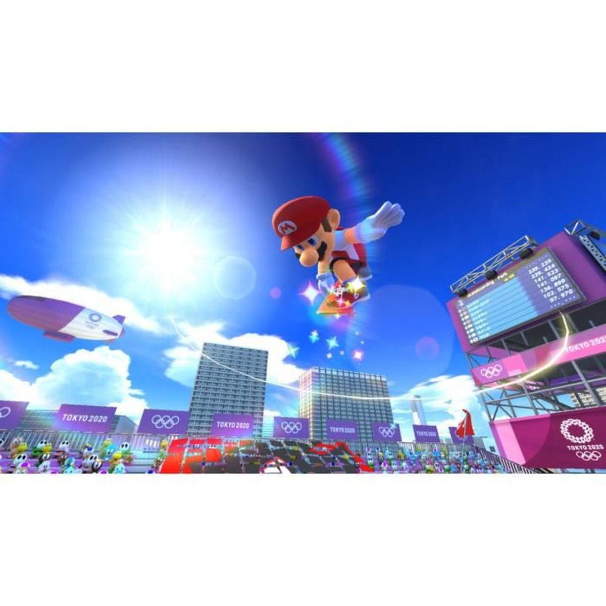 Mario volteggia su uno skateboard con edifici di Tokyo 2020 e un dirigibile sullo sfondo.