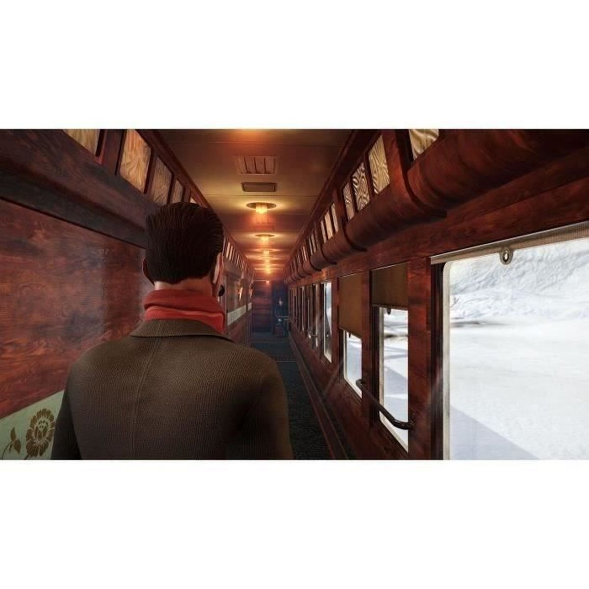 Uomo con sciarpa rossa in corridoio treno con boiserie e finestrini che mostrano neve.