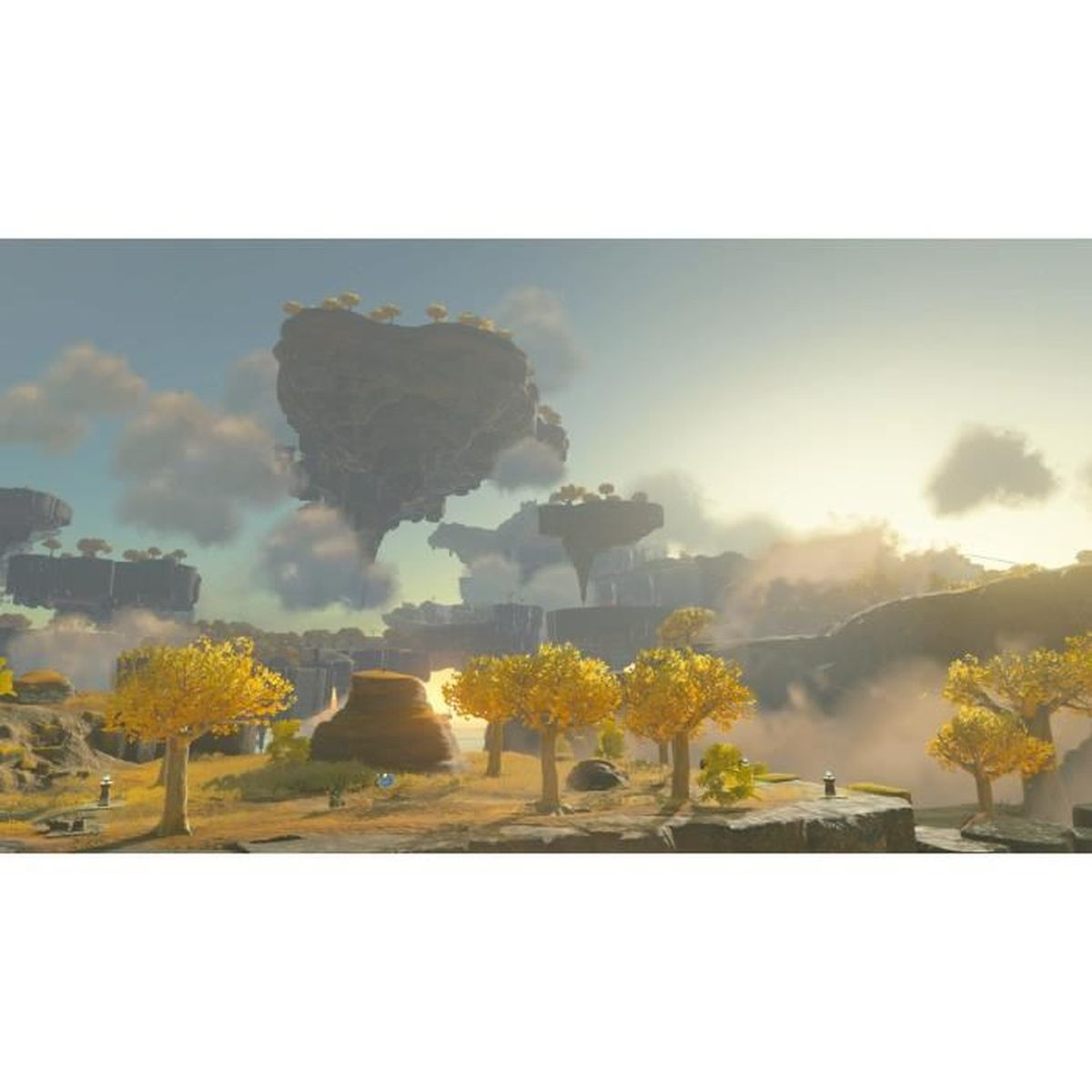 Isole galleggianti con alberi, in primo piano alberi gialli e un cumulo di terra.