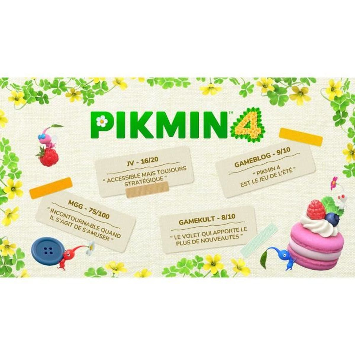 Reklama Pikmin 4 z ocenami i cytatami. Niebieski Pikmin obok różowego ciastka.