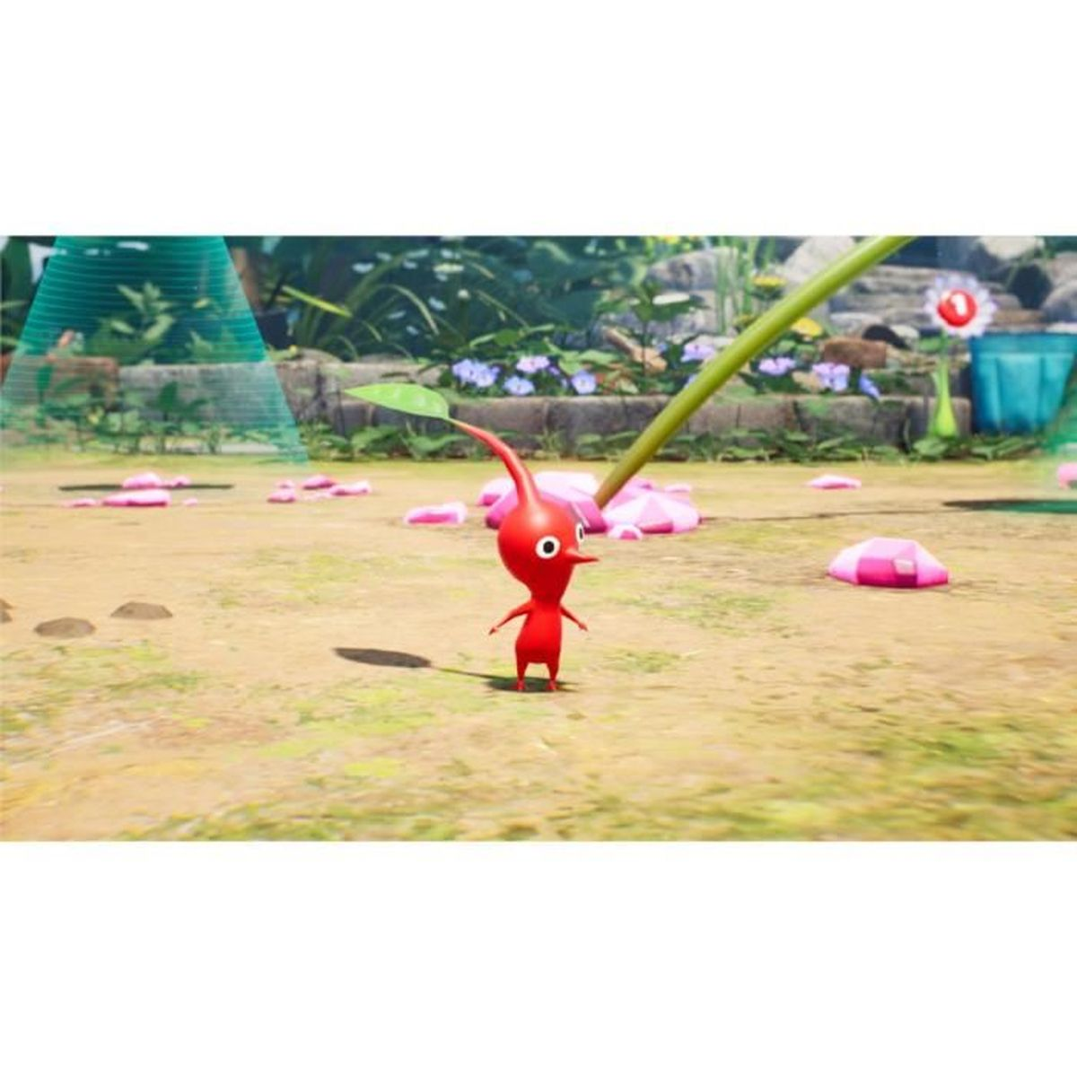 Czerwony Pikmin stoi na polu z różowymi obiektami i kwiatami w tle.