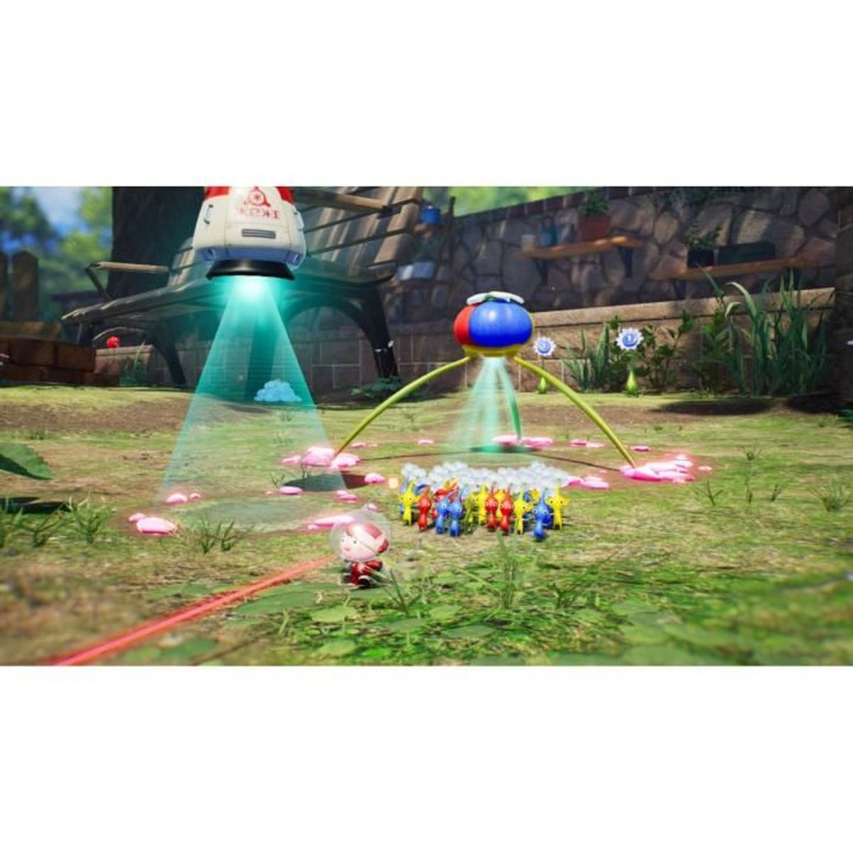 Astronauta i Pikmin na zewnątrz, z lewitującą maszyną i UFO w tle.