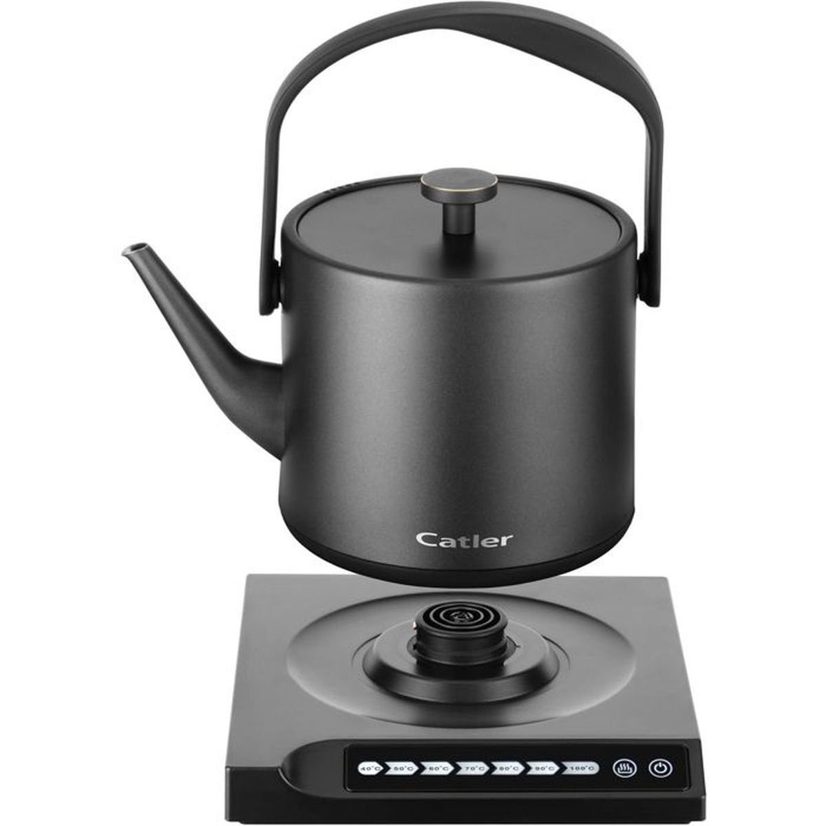 Eine schwarze Catler-Kanne mit gebogenem Griff steht auf einem schwarzen Sockel mit Temperaturregelung.