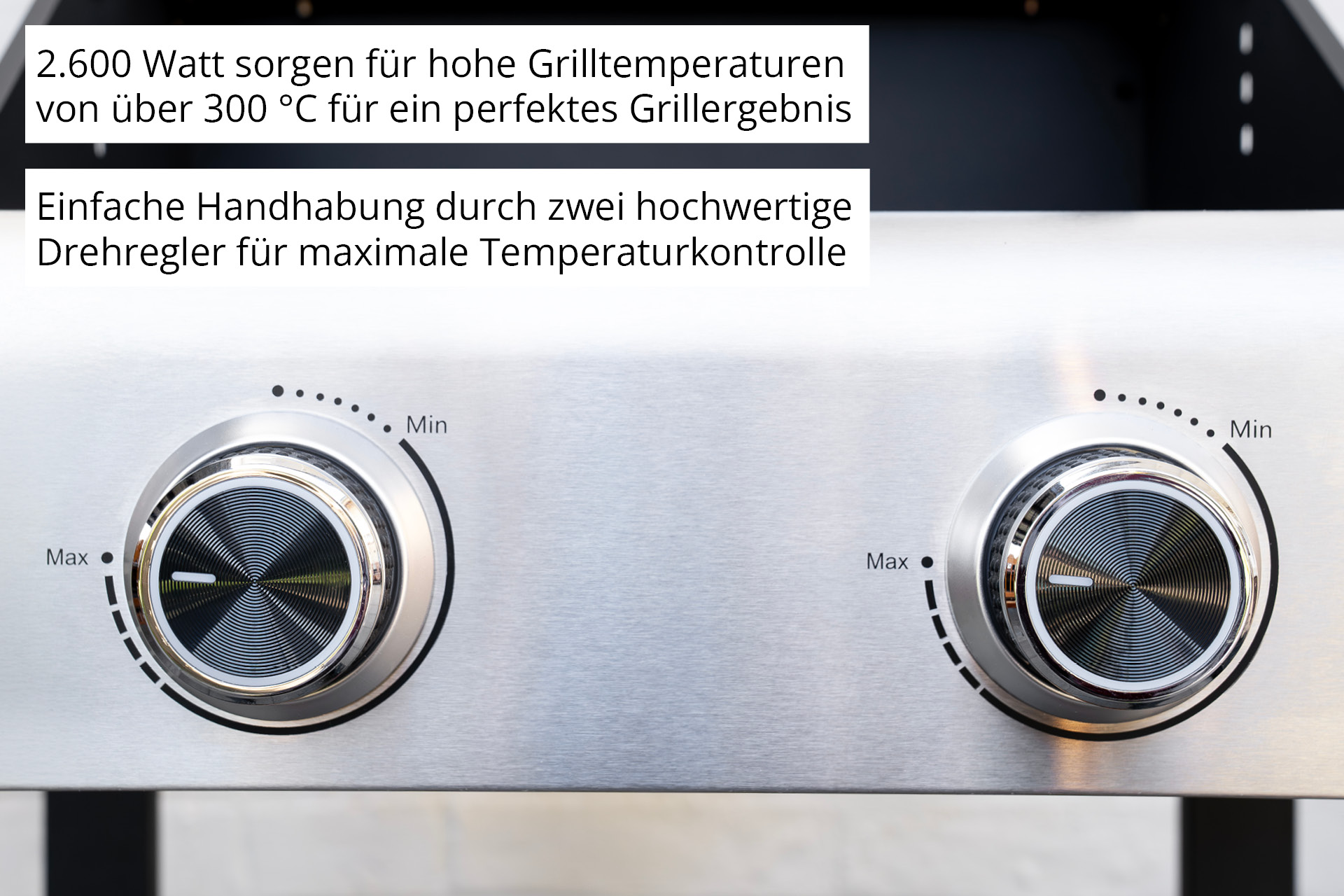 Zwei silberne Drehregler mit Min/Max-Anzeigen auf einem Metallgehäuse.