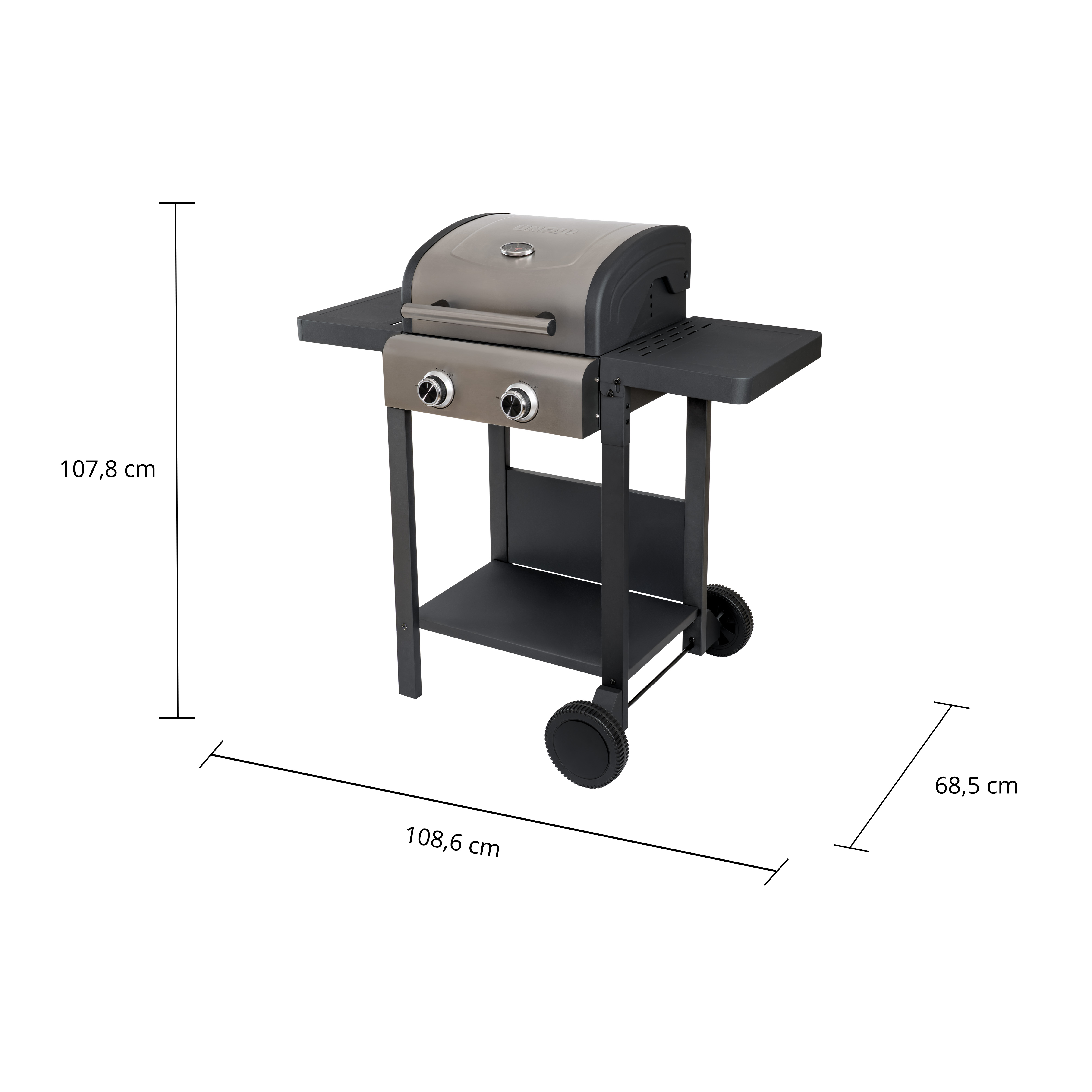 Ein grauer Gasgrill mit zwei Brennerknöpfen, Seitentischen und Rädern.