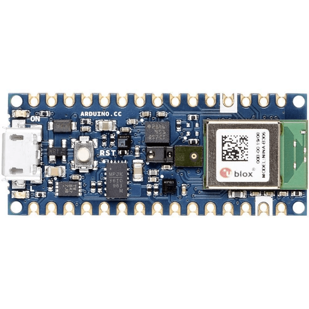 Una placa Arduino azul con puerto USB, botones y chips.