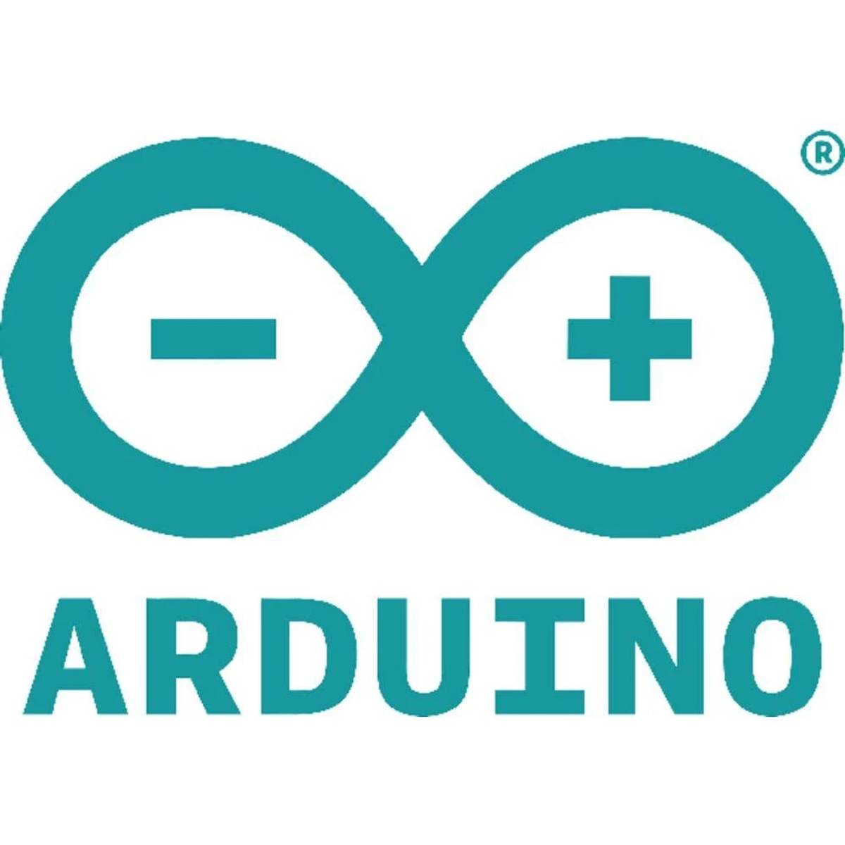El logo de Arduino es un bucle infinito turquesa con un signo menos y uno más.