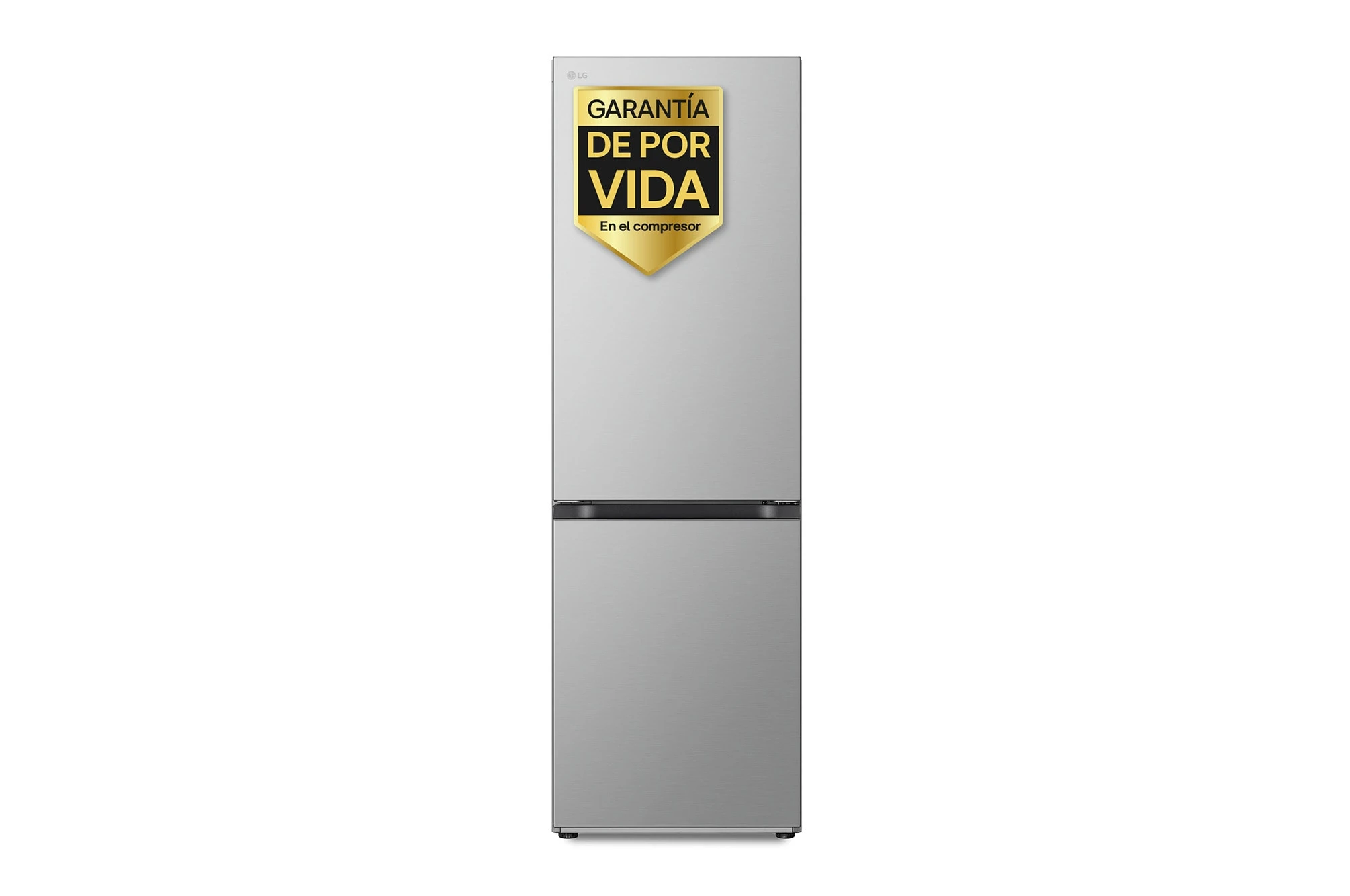 Refrigerador LG plateado con etiqueta de garantía de por vida en la puerta.