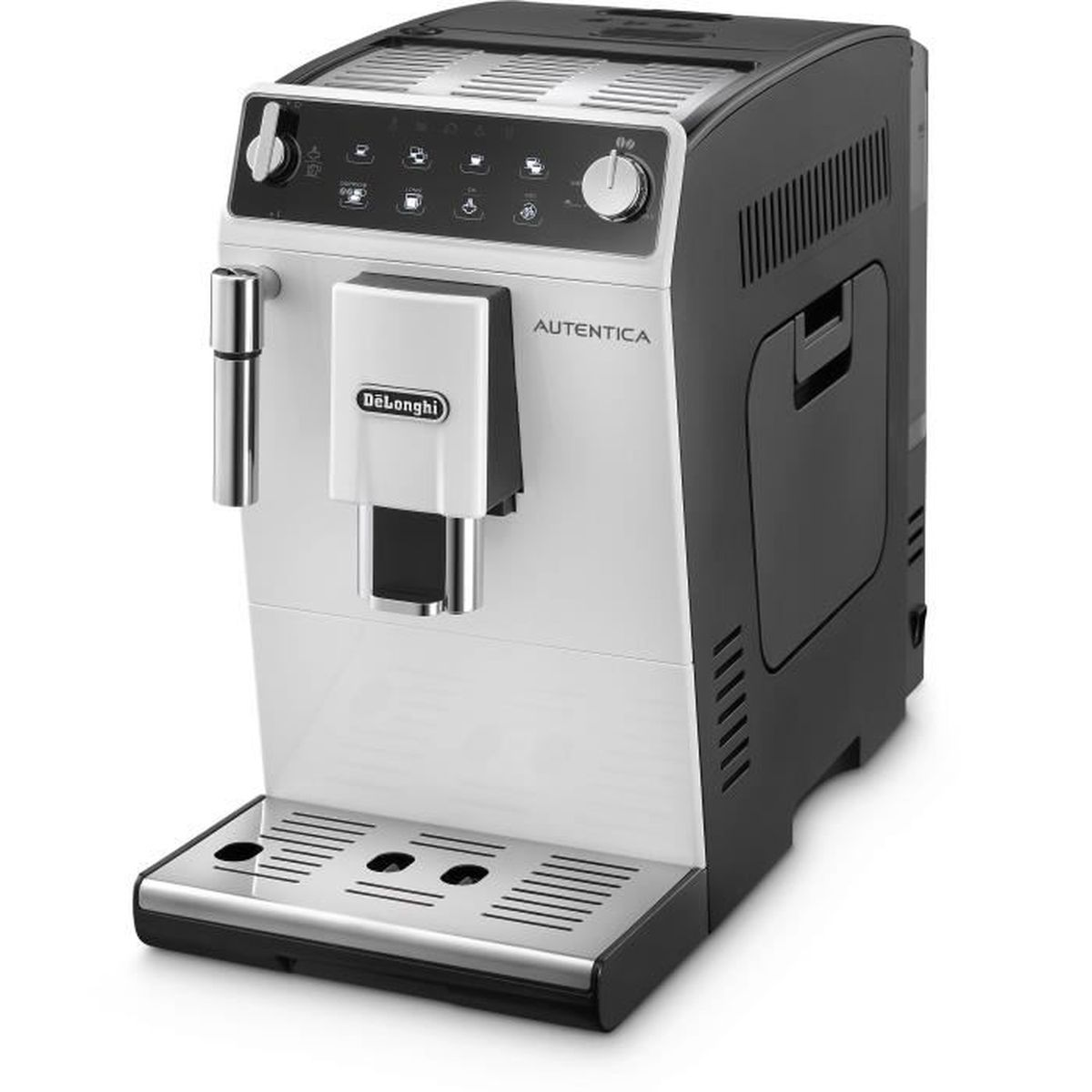 Una cafetera DeLonghi blanca y negra con detalles cromados y panel de control.
