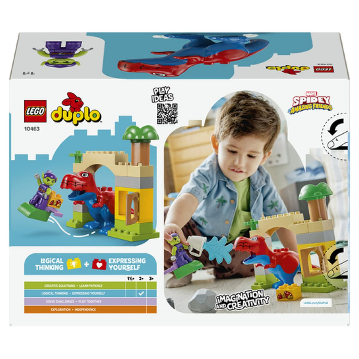 Chłopiec bawi się zestawem Lego Duplo Spidey z dinozaurem i figurkami.